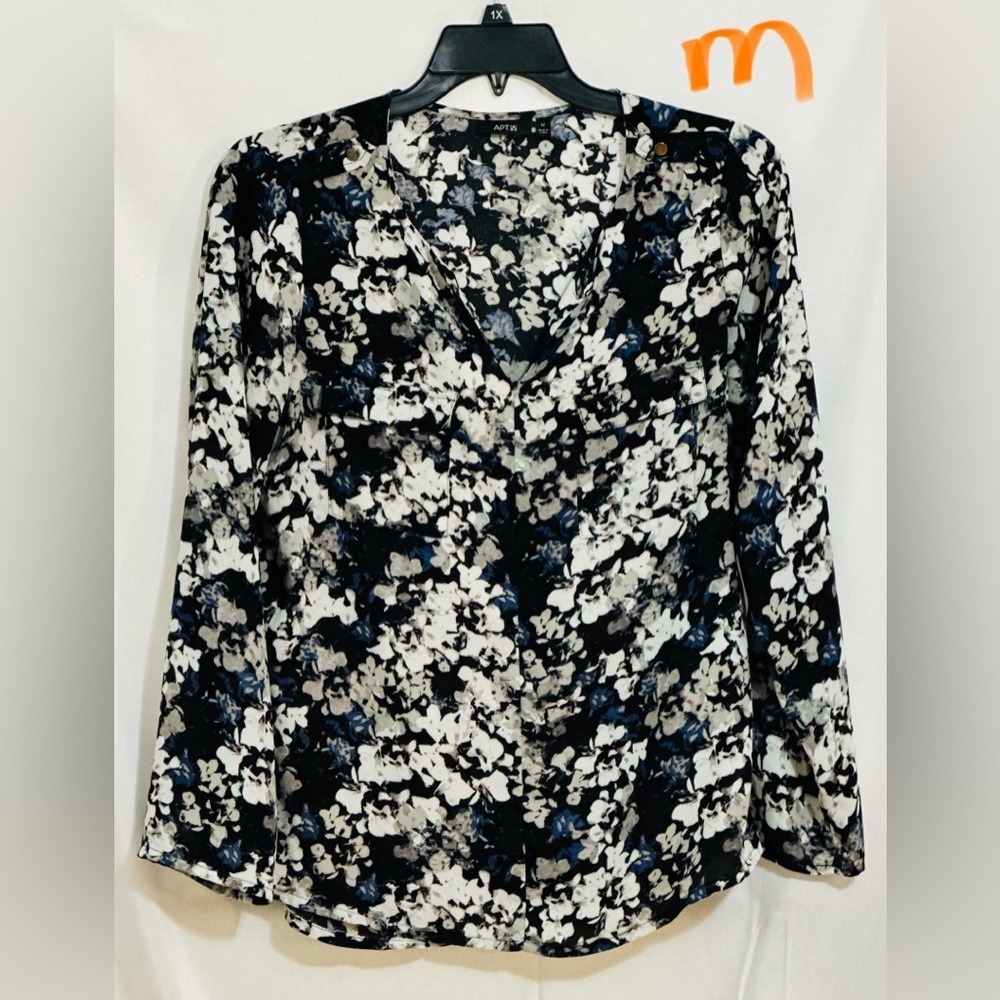LADIES BLACK TOP WITH GREY, BLUE & PURPLE DESIGNS